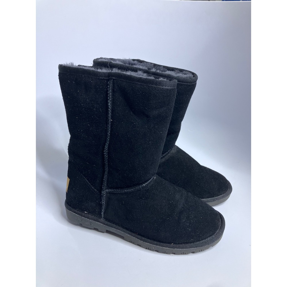 Lamo Suede Mid Calf Boots Womens 7 Black Excellent Faux Fur Lined Pull On